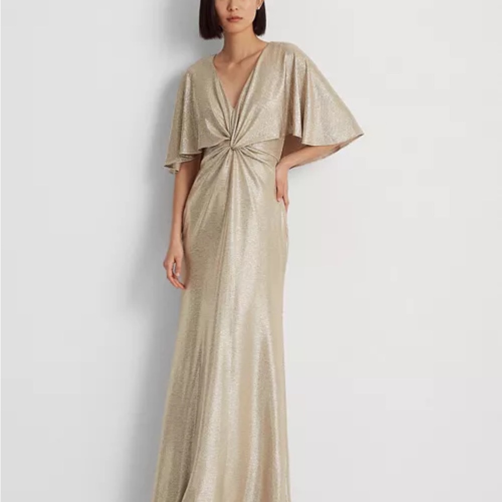 Ralph Lauren Foil Print Jersey Cape Gown